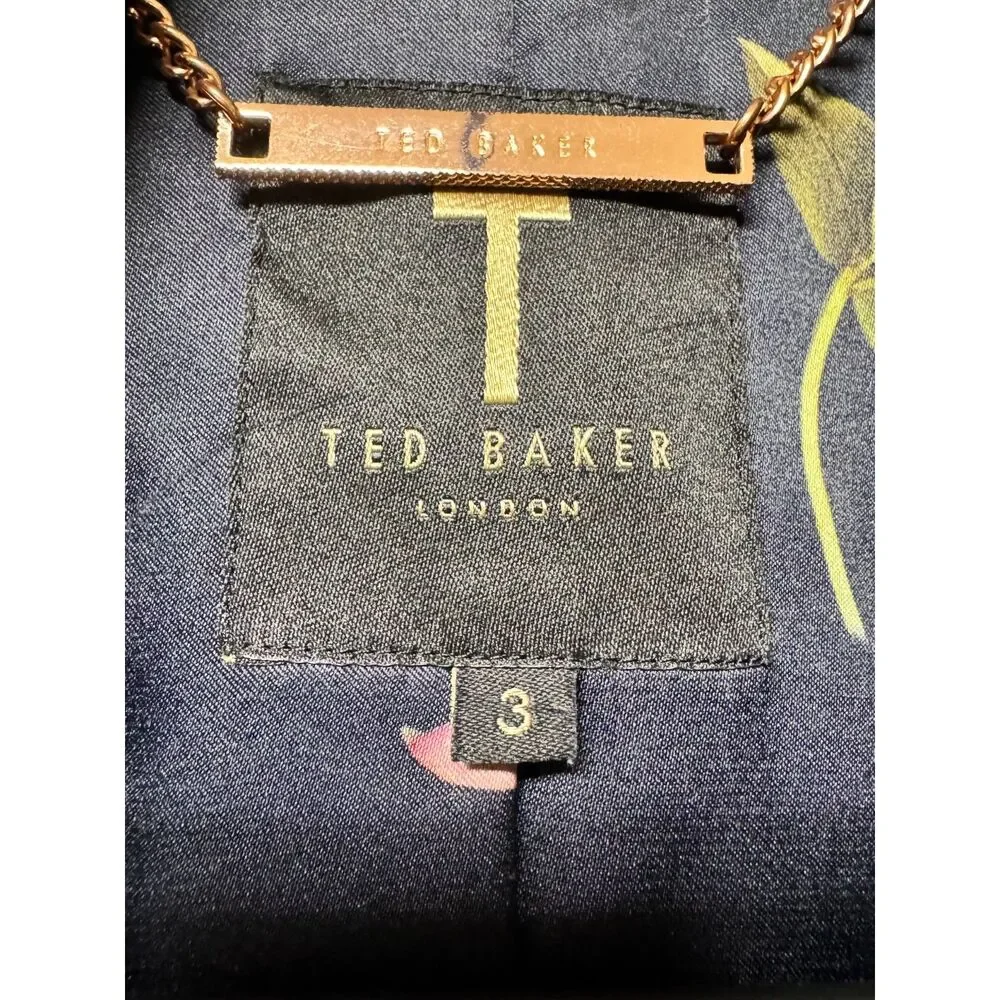 TED BAKER Rivaa Tailored Floral Lined Navy Blazer, Collarless, Sz 3 (8)